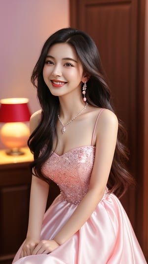 1girl, solo, long hair, brown hair, dress, brown eyes, jewelry, earrings, lips, ring, realistic,xxmix_girl,The most beautiful woman, happy and laughing,Long black hair straight hair,Wear pink wedding dress