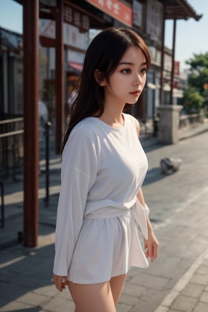 The image of a 30-year-old woman strolling through the streets of Huqiu is a serene one. Dressed in a simple white top paired with a blouse, her attire speaks of a relaxed elegance. The soft tap of her white cloth shoes against the cobblestones echoes the leisurely pace of her walk. This scene, set against the backdrop of Huqiu's rich history and natural beauty, paints a picture of tranquility amidst the bustling mainland life.