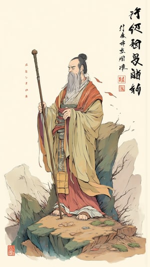 traditional chinese, watercolor painting, vector-based animation style that uses lots of gradients, old man, saint of earth and rocks, brown soil color, green plant color, chinese calligraphy, flat colors, fluxtration