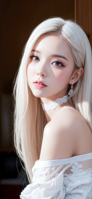 1 girl , JeeSoo, upper body, 17yo, cute girl, petite girl, big and round eyes, very slim figure, (long white hair:1.3)

((white lace up sleeve off-shoulder knit)), The knit is filled with tulle lace-up ribbons, delicate lace, and pearls. Very thin leganicules, Earrings, Pink Lips, choker, Real, Sexy, detailed face, detailed Background, Depth of written boundary, whole body viewing angle, alone, night, Detailed eyes, Gradation, Perfect anatomical figure, girl with perfect body, Highly detailed skin, Detailed face, Beautiful eyes in every detail, Background Blur, lolita_dress, hanfu. Best quality, ultra high resolution, HDR, RAW, masterpiece, illustration, (photorealistic:1.4)