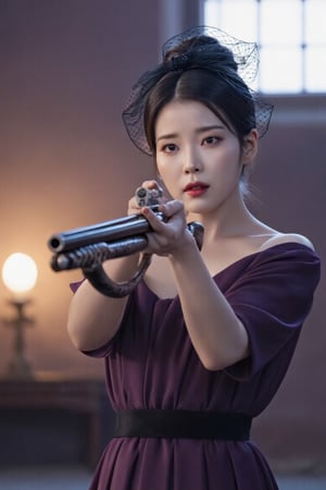 A TV episode scene  of Jang Man-wol, acted by Korean artist Iu, holding a intricately detailed and beautiful long shotgun, she raised the gun up near her face, concentrated on aiming a target beside the viewer. She is wearing an elegant and luxurious dark purple short sleeve night dress and Black Birdcage veil fascinator. She has a perfect makeup and fine skin. The camera captured her face snd the intense concentration emotion, the background is brightly lit church features with a Europe style church window. Best quality, ultra-detailed, HDR, 8K resolution, RAW, masterpiece, illustration