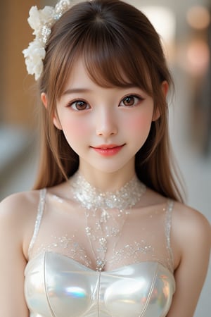 
super cute loli face,  
very beautiful loli girl, 
(japanese idol face:1.3),14 yo,
happy cheerful smile,
(sparkling clear attractive large eyes:1.4), 
cheerful smile,
long brown hair,
super smooth and very silky hair, 
fair skin,
long see-through bangs,
(super shiny holographic transparent white ball gown dress:1.3),
(realistic photograph:1),
row photo,
(tight-fit costume with very smooth and strong reflective mirror-like surfaces:1.1),
ball hall