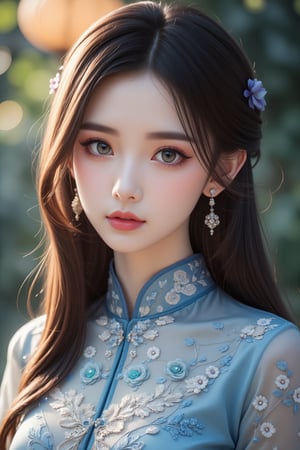 masterpiece,hanfu style,Portrait of a young woman (Chinese) with large,expressive eyes that convey a sense of longing and introspection. Her features are delicate,with soft,flowing hair cascading down her shoulders. She wears an elegant blue gown reminiscent of traditional Vietnamese áo dài,adorned with intricate embroidery and shimmering jewelry. Rendered in DucHaiten's signature anime style,emphasizing vibrant colors,delicate linework,and ethereal beauty.,