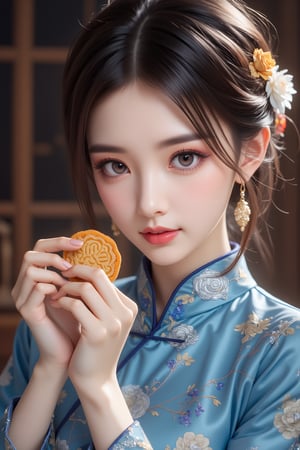 masterpiece,hanfu style,Portrait of a young woman (Chinese) with large,expressive eyes that convey a sense of longing and introspection. Her features are delicate,with soft,flowing hair cascading down her shoulders. She wears an elegant blue gown reminiscent of traditional Vietnamese áo dài,adorned with intricate embroidery and shimmering jewelry. She is holding up an already bitten moon cake. She is looking at the moon cake and her face showing satisfactory smile. Rendered in DucHaiten's signature anime style,emphasizing vibrant colors,delicate linework,and ethereal beauty.