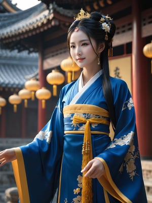 score_9,score_8_up,score_7_up, masterpiece, best quality, highres, 4K, 8K, ultra-detailed, photorealistic, source_real 
BREAK
1girl, hanfu, Portrait of noble and graceful goddess, dressed in blue and gold, elaborate coiffure hairstyle, dark hair, decoration, Brilliant scene with bright lights, mist, numerous decorations, joyful atmosphere, light smile, More Reasonable Details
BREAK
UHD, HDR, Cinematic lighting, physically-based rendering