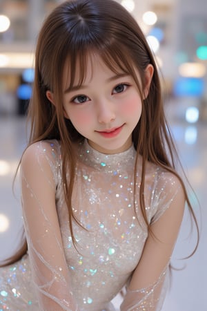 super cute loli face,  
very beautiful loli girl, 
(japanese idol face:1.3),14 yo,
happy cheerful smile,
(sparkling clear attractive large eyes:1.4), 
cheerful smile,
long brown hair,
super smooth and very silky hair, 
fair skin,
long see-through bangs,
(super shiny holographic transparent white ball gown dress:1.3),
(realistic photograph:1),
row photo,
(tight-fit costume with very smooth and strong reflective mirror-like surfaces:1.1),
ball hall