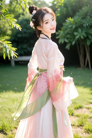 1girl,looking_at_viewer,(bust:1.2),(standing:1),(light pink and green see-through hanfu:1.1),smile,flower field,