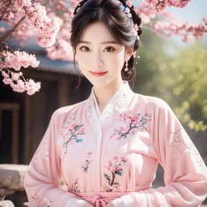 Pink clothes,smile,Positive prompt words: Masterpiece level: 1.2), (Best quality: 1.2), (High quality: 1.2), (Realistic: 1.2), (Photo realistic: 1.2), (Official painting: 1.2), (Extremely detailed: 1.2), 1 girl 