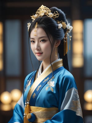 score_9,score_8_up,score_7_up, masterpiece, best quality, highres, 4K, 8K, ultra-detailed, photorealistic, source_real 
BREAK
1girl, hanfu, Portrait of noble and graceful goddess, dressed in blue and gold, elaborate coiffure hairstyle, dark hair, decoration, 16K, UHD, HDR, Brilliant scene with bright lights, mist, numerous decorations, joyful atmosphere, light smile
BREAK
UHD, HDR, Cinematic lighting, physically-based rendering