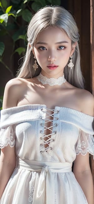 1 girl , JeeSoo, medium close-up shot, rule of thirds, 17yo, cute girl, petite girl, big and round eyes, very slim figure, (long silver hair:1.3)

((white lace up short sleeve off-shoulder knit top with straps:1.3)), The knit is filled with tulle lace-up ribbons and delicate lace. Very thin leganicules, Earrings, Pink Lips, choker, Real, Sexy, detailed face, detailed Background, Depth of written boundary, whole body viewing angle, alone, night, Detailed eyes, Gradation, Perfect anatomical figure, girl with perfect body, Highly detailed skin, Detailed face, Beautiful eyes in every detail, Background Blur, lolita_dress, hanfu. Best quality, ultra high resolution, HDR, RAW, masterpiece, illustration, (photorealistic:1.4)