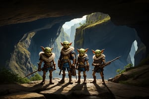 (masterpiece), best quality, high resolution, extremely detailed,
a group of 4 little and muscular goblins, cave landscape.