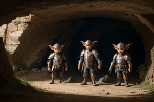 (masterpiece), best quality, high resolution, extremely detailed,
a group of 4 little muscular red-skinned goblins, tribal leather armor, cave landscape.