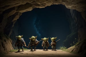 a group of 4 short and muscular goblins,, cave landscape.