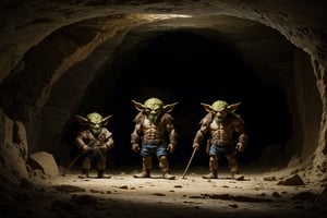 (masterpiece), best quality, high resolution, extremely detailed,
a group of 4 short and muscular goblins, cave landscape.