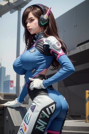 masterpiece, best quality, highres, aahana, long hair, brown hair, headphones, whisker markings, shoulder pads, huge breast, sensual body, slim waist, sensual legs, sensual ass, very torn blue bodysuit, ribbed bodysuit, animal print, clothes writing, long sleeves, white gloves, cowboy shot, standing, cyberpunk city. headphone.