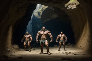 (masterpiece), best quality, high resolution, extremely detailed, a group of 4 huge muscular orcs, cave landscape.