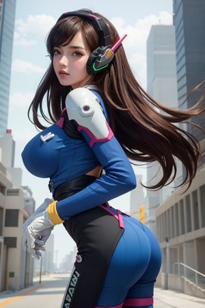 masterpiece, best quality, highres, aahana, long hair, brown hair, headphones, whisker markings, shoulder pads, huge breast, sensual body, slim waist, sensual legs, sensual ass, very torn blue bodysuit, ribbed bodysuit, animal print, clothes writing, long sleeves, white gloves, cowboy shot, standing, cyberpunk city. headphone.