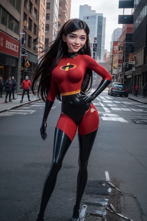 masterpiece, excellent quality, perfect anatomy, 1girl, violetparr, long hair, black hair, purple eyes, very big breast, bodysuit, gloves, boot, thighhighs, thigh boots, latex, torn clothes, smile, solo, outdoors, New York street background.