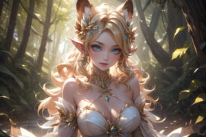 A captivating image of a strikingly beautiful woman, portrayed as a beautiful forest fairy. ((different sexy poses)). Her piercing blue eyes and full lips exude charm, while her long blonde hair is carefully blown straight and adorned with strong highlights. She is dressed in a short, flirty dress. The full-body depiction shows her in the forest surrounded by animals and nature, exuding confidence and happiness. This high-quality image, whether a painting or photograph, captures his alluring and formidable presence, immersing viewers in his captivating portrait. He has a playful and fun expression. Dazzling eyes.