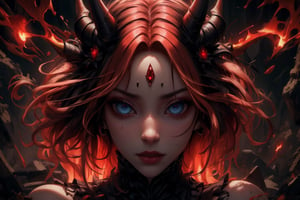 A captivating image of a strikingly beautiful woman, portrayed as a female demon from the underworld. Her penetrating blue eyes and full lips transmit fear to anyone who looks directly at her. On her head she has a pair of medium-sized red horns, while her long blonde hair with red highlights is carefully loose and adorned with strong highlights. She is dressed in a black corset with red details, equipped with various torture weapons and red gloves. The full-body depiction shows her with some lost souls around her who dare not touch her, exuding respect and confidence. This high-quality image, whether a painting or photograph, captures his alluring and formidable presence, immersing viewers in his captivating portrait. He has a hard, serious expression, ready to attack without provocation. Dazzling eyes