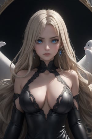 A captivating image of a strikingly beautiful young and slim woman, portrayed as a female ghost from the underworld. Her piercing blue eyes and full lips transmit fear to anyone who looks directly at her, while her long blonde hair with white highlights is carefully loose and adorned with strong highlights. She is dressed in a gray dress with silver details, equipped with gray gloves. The representation in ((different sexy poses)) shows her surrounded by spheres of light that are souls in pain and do not dare to touch her, within a gloomy cemetery of which she is caretaker and regent, exuding respect and confidence. This high-quality image, whether a painting or photograph, captures his alluring and formidable presence, immersing viewers in his captivating portrait. He has a hard expression, serious and ready to attack if provoked. Dazzling eyes.