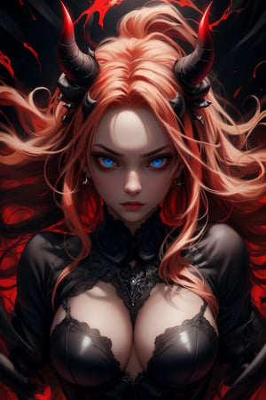 A captivating image of a strikingly beautiful woman who is young and slim, portrayed as a demon woman from the underworld. Her penetrating blue eyes and full lips transmit fear to anyone who looks directly at her. On her head she has a pair of medium-sized red horns, while her long blonde hair with red highlights is carefully loose and adorned with strong highlights. She is dressed in a black corset with red details, equipped with various torture weapons and red gloves. The three-quarter length half-length representation shows her with some lost souls around her who dare not touch her, exuding respect and confidence. This high-quality image, whether a painting or photograph, captures his alluring and formidable presence, immersing viewers in his captivating portrait. He has a hard, serious expression, ready to attack without provocation. Dazzling eyes