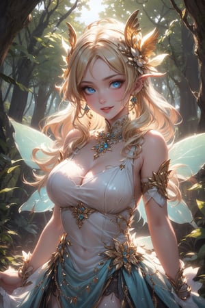A captivating image of a strikingly beautiful woman, portrayed as a beautiful forest fairy. ((different poses)). Her piercing blue eyes and full lips exude charm, while her long blonde hair is carefully blown straight and adorned with strong highlights. She is dressed in a short, flirty dress. The full-body depiction shows her in the forest surrounded by animals and nature, exuding confidence and happiness. This high-quality image, whether a painting or photograph, captures his alluring and formidable presence, immersing viewers in his captivating portrait. He has a playful and fun expression. Dazzling eyes.