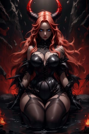 A captivating image of a strikingly beautiful woman who is young and slim, portrayed as a demon woman from the underworld. Her penetrating blue eyes and full lips transmit fear to anyone who looks directly at her. On her head she has a pair of medium-sized red horns, while her long blonde hair with red highlights is carefully loose and adorned with strong highlights. She is dressed in a black corset with red details, equipped with various torture weapons and red gloves. The full-body depiction shows her with some lost souls around her who dare not touch her, exuding respect and confidence. This high-quality image, whether a painting or photograph, captures his alluring and formidable presence, immersing viewers in his captivating portrait. He has a hard, serious expression, ready to attack without provocation. Dazzling eyes