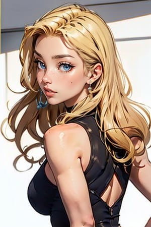 A stunning blonde-haired young girl, resembling a supermodel, strikes a confident pose on a sleek, white background. Soft, golden lighting accentuates her porcelain skin and highlights the subtle curve of her neck. Her bright blue eyes sparkle with a hint of mischief, as she gazes directly into the camera lens. A flowing mane of golden locks cascades down her back, adding to her ethereal beauty.