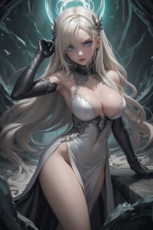 A captivating image of a strikingly beautiful young and slim woman, portrayed as a female ghost from the underworld. Her piercing blue eyes and full lips transmit fear to anyone who looks directly at her, while her long blonde hair with white highlights is carefully loose and adorned with strong highlights. She is dressed in a gray dress with silver details, equipped with gray gloves. The representation in ((different sexy poses)) shows her surrounded by spheres of light that are souls in pain and do not dare to touch her, within a gloomy cemetery of which she is caretaker and regent, exuding respect and confidence. This high-quality image, whether a painting or photograph, captures his alluring and formidable presence, immersing viewers in his captivating portrait. He has a hard expression, serious and ready to attack if provoked. Dazzling eyes,green theme,ulblackholetech