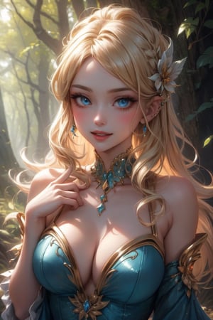 A captivating image of a strikingly beautiful woman who is young and slim, portrayed as a beautiful forest fairy. ((different sexy poses)). Her piercing blue eyes and full lips exude charm, while her long blonde hair is carefully blown straight and adorned with strong highlights. She is dressed in a short, flirty dress. The full-body depiction shows her in the forest surrounded by animals and nature, exuding confidence and happiness. This high-quality image, whether a painting or photograph, captures his alluring and formidable presence, immersing viewers in his captivating portrait. He has a playful and fun expression. Dazzling eyes.