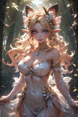 A captivating image of a strikingly beautiful woman, portrayed as a beautiful forest fairy. ((different sexy poses)). Her piercing blue eyes and full lips exude charm, while her long blonde hair is carefully blown straight and adorned with strong highlights. She is dressed in a short, flirty dress. The full-body depiction shows her in the forest surrounded by animals and nature, exuding confidence and happiness. This high-quality image, whether a painting or photograph, captures his alluring and formidable presence, immersing viewers in his captivating portrait. He has a playful and fun expression. Dazzling eyes.