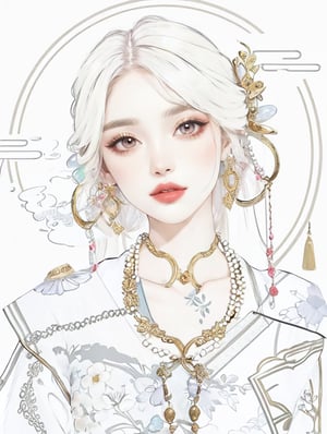headdress adorned with gold accents and pearls. LOW-CUT, FLOWER PATTERN KIMONO. Gold embroidery and gemstones create a sense of luxury. The fabric drapes elegantly, suggesting a flowing robe or gown. The overall color palette—rich golds and glowing whites. COLORFUL SMOKE BACKGROUND.,ELIGHT,J ONI