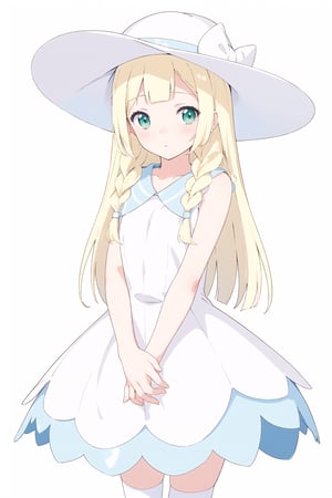 (finely best quality illustration, top quality, high definition, artistic composition,:1.2), (anime key art style:1.0), (1girl, solo, looking at viewer:1.0), (lillie, blonde hair, green eyes, long hair, twin braids, large white sunhat, white dress, kneehighs, hand on arm, shy, sleeveless:1.0), (cowboy shot, standing, flat chest:1.3), (hands resting down gently and  clapsed together while standing:1.3), (simple blank white background:1.4), (ultra-detailed, highres:1.0),lillie