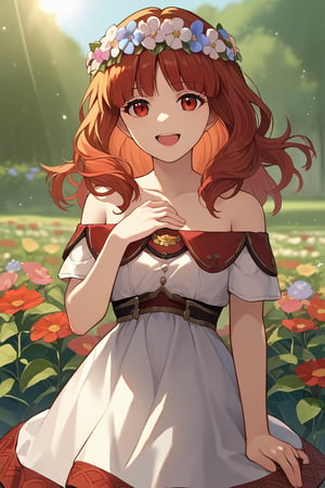 score_9, score_8_up, score_7_up, score_6_up, source_anime, BREAK 1girl, solo,valCeli, red hair, red eyes, head wreath, off-shoulder, red and white dress, bare shoulders, (happy), open mouth, flower field, garden, looking at you, hand by chest, head tilt, (cinematic angle, windy), sun rays, skirt flowing, forest background, day, blurry background, looking at viewer