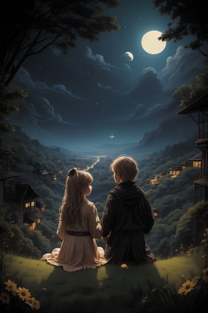 little girl(sister) and little boy (younger brother), alone, night full star, wide angel, view on the hill, UHD
