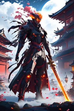 Shinobi with oni mask, holding a fire katana, and the flames reach high height, the shinobi has a schyte on his back, Cyborg , wearing a black samurai clothing in battle pose , hide in the dark, with fog and only moonlight in the left side of his body, with wounds and scratches, musculated, Slender, Skinny, full body shot, wide Angle, octane render RTX, render, realistic render, cinematic lighting, muscular body, with an Japanese temple and a lighthouse at the background, a lot of fog at the background, Sakura trees around the Japanese temple, and colorful and shiny particles in the air around the shinobi. 