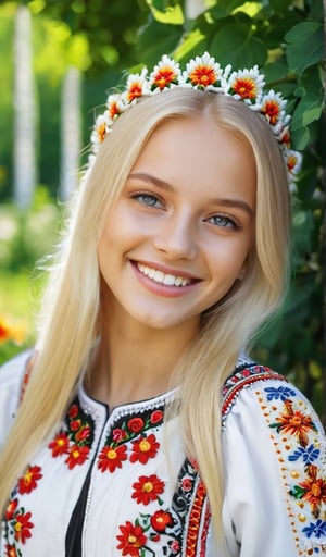 1girl, Beautiful young woman, blonde, smiling, (in beautiful Ukrainian national costume embroidery ornament white, black), sunny day, botanical garden, realistic