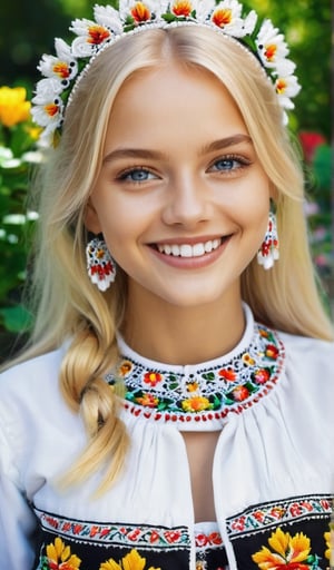 1girl, Beautiful young woman, blonde, smiling, (in beautiful Ukrainian national costume embroidery ornament white, black), sunny day, botanical garden, realistic