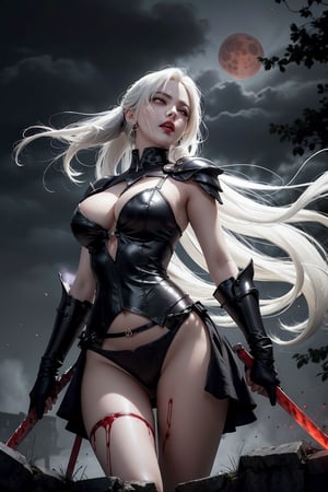 1girl, masterpiece, cowboy shot, vampire, knight, vampire knight, knight armor, armor, revealig armor, sexy armor, mature female, old female, cleavage cutout, white hair, long_ponytail, hair over one eye, large breasts, wide hips, aroused, action_pose, glowing blood moon, blood pool, glowing eyes, midnight, blood splash, bloody stream, blood, blood magic, blood streams floating in the air, fangs, gore, guro, holding sword, castle, outside castle, outdoors, standing on top of the castle, looking up, looking at the blood moon,