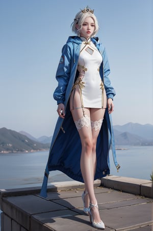 a young woman, short hair, white hair, blue eyes, female focus, wearing queen crown, hood, hooded jacket, jacket, white jacket, white cheongsam, short cheongsam, wearing stoking, white stoking, open clothes, wearing high heel,