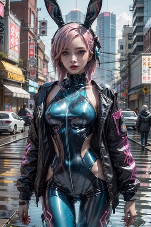 1girl, solo, jacket, choker, long blue and pink hair, full lips, black bunny ears, blue eyes, bodysuit , realistic, wet,Cyberpunk