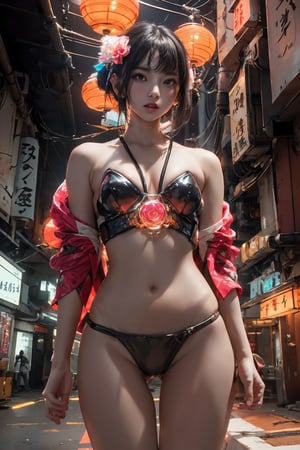 Sexy Pose , (masterpiece),(solo, look at viewers ), 1 Japanese beauty, white long hair, attractive , in the dark night, (sexy colorful kimono+body implants) ,(highly detailed background of ancient Japanese achitechture with neon lights) ,Cyberpunk,a traditional Japanese art 