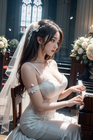 (Masterpiece), (a beautiful girl with her head lowered, wearing a wedding dress, playing the piano), in the church, sitting on a chair, from the side, the middle, focus on the upper body, dreamy petals, sea of ​​flowers,midjourney,blessedtech