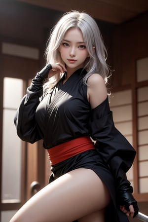 (( attractive pose , traditional kunoichi kimono ,picturing her elegance and coldness)), (masterpiece), a super beautiful Japanese 18-year-old kunoichi with medium wavy white hair, sleeveless shinobi costume , sexy and attractive, surrealism, chiaroscuro, colorful movie lights , Lens Flare, From Outside, Ultra HD,cyberpunk , Textured Skin, High Detail, High Resolution