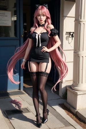 1girl, solo, long hair, breasts, looking at viewer, blush, bangs, blue eyes, large breasts, thighhighs, dress, bow, cleavage, bare shoulders, jewelry, medium breasts, very long hair, closed mouth, full body, pink hair, short sleeves, hair bow, earrings, detached sleeves, shoes, puffy sleeves, black thighhighs, black footwear, black dress, arm up, wrist cuffs, black bow, garter straps, pink bow