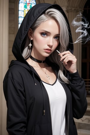 1girl, solo, long hair, looking at viewer, blue eyes, holding, jewelry, jacket, upper body, grey hair, earrings, choker, indoors, signature, hood, necklace, hair over one eye, black jacket, hoodie, tattoo, black choker, cross, black nails, hooded jacket, hood up, smoke, cigarette, smoking, black hoodie, stained glass, church