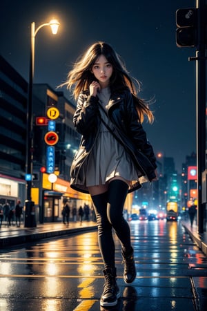 vibrant colors, female, masterpiece, sharp focus, best quality, depth of field, cinematic lighting, ((solo, one woman )), (illustration, 8k CG, extremely detailed), masterpiece, ultra-detailed, In the painting titled “Urban Night,” a young woman finds herself in a mesmerizing night scene as she walks along an urban highway. The street is illuminated by street lamps that emit a yellowish light, creating a suggestive and mysterious atmosphere.
The girl advances with a confident step along the sidewalk, immersed in the quiet solitude of the night. Her long dark hair flutters slightly in the wind as she moves, and her face is barely illuminated by the light of the street lamps, revealing an expression of reflection and inner calm.
She wears casual but elegant clothing, consisting of a black jacket that protects her from the cool of the night and dark jeans. The lights of the cars speeding past her create a trail of light on the wet pavement, adding dynamism to the scene.
The cityscape extends beyond the highway, with skyscrapers and buildings silhouetted against the night sky. In the distance, you can glimpse the city lights glowing in the darkness, adding depth and atmosphere to the composition.
This painting captures the essence of nocturnal urban solitude and invites the viewer to immerse themselves in the quiet, contemplative atmosphere of the scene.