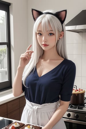 one girl, a girl with cat ears, neko girl, the girl bakes a brownie, a strawberry shortcake, masterpiece, high detail, quality textures, hd, 4k, incredible quality, SAM YANG, white hair, blue eyes, cute face, symmetrical face, neat face, neat hands, correct anatomy, beautiful fingers, (girl cook:1.2), white ears, big cat ears, (small lips:1.2), in a waist-high shot