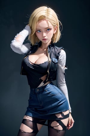 best quality, highres, 1girl, android 18, solo, blonde hair, blue eyes, short hair, earrings, jewelry, denim vest, open vest, black pantyhose, black shirt, denim skirt, striped long sleeves, blue skirt, cowboy shot, ,and18, large_breast, (face focus, (dynamic pose, dynamic angle:1.3), (masterpiece, best quality, ultra-detailed, very aesthetic:1.5), illustration, disheveled hair, perfect composition, moist skin, intricate details, seducing_gaze, looking_at_viewer, detalied_background, seductive_pose, perfect body, legs_apart, torn_clothing